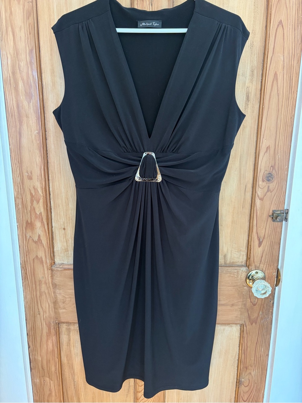 Michael Tyler Black V-Neck Midi Dress with Gold Accent